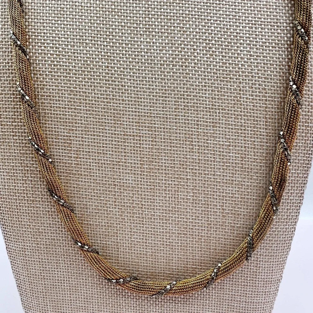 Vintage 80s Two Tone Gold Silver Twisted Mesh Rope Chain‎ Necklace Retro Jewelry